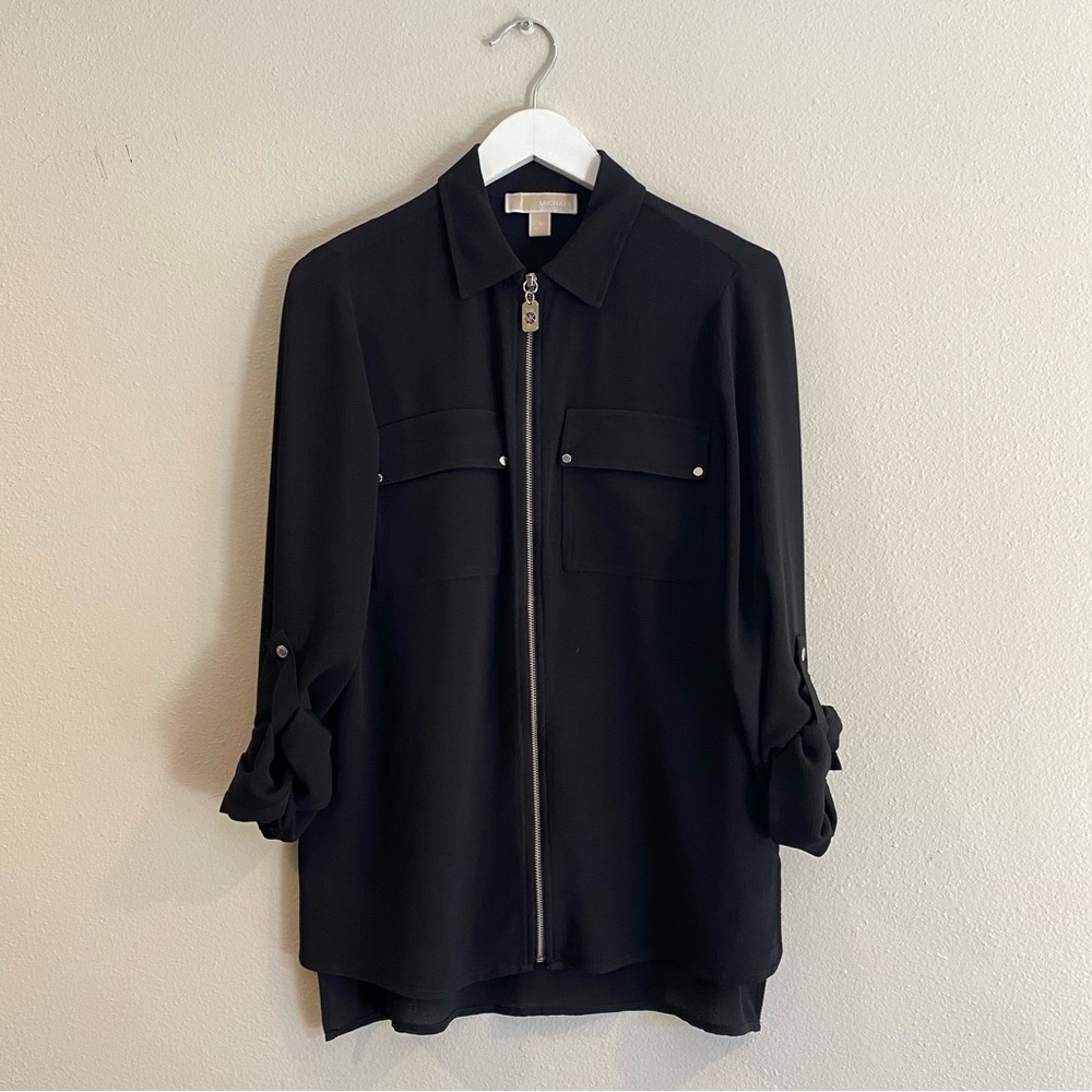 Michael Kors Black Zip Front Utility Shirt Jacket Roll Tab Sleeve Small